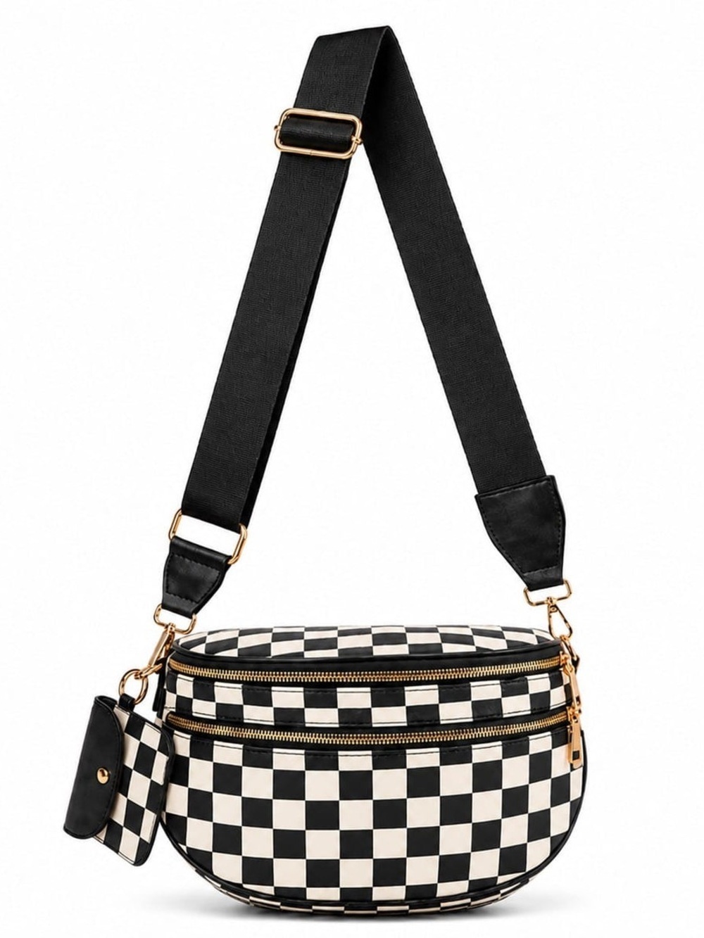 Black & White Checker Crossbody Bag with Gold color Hardware